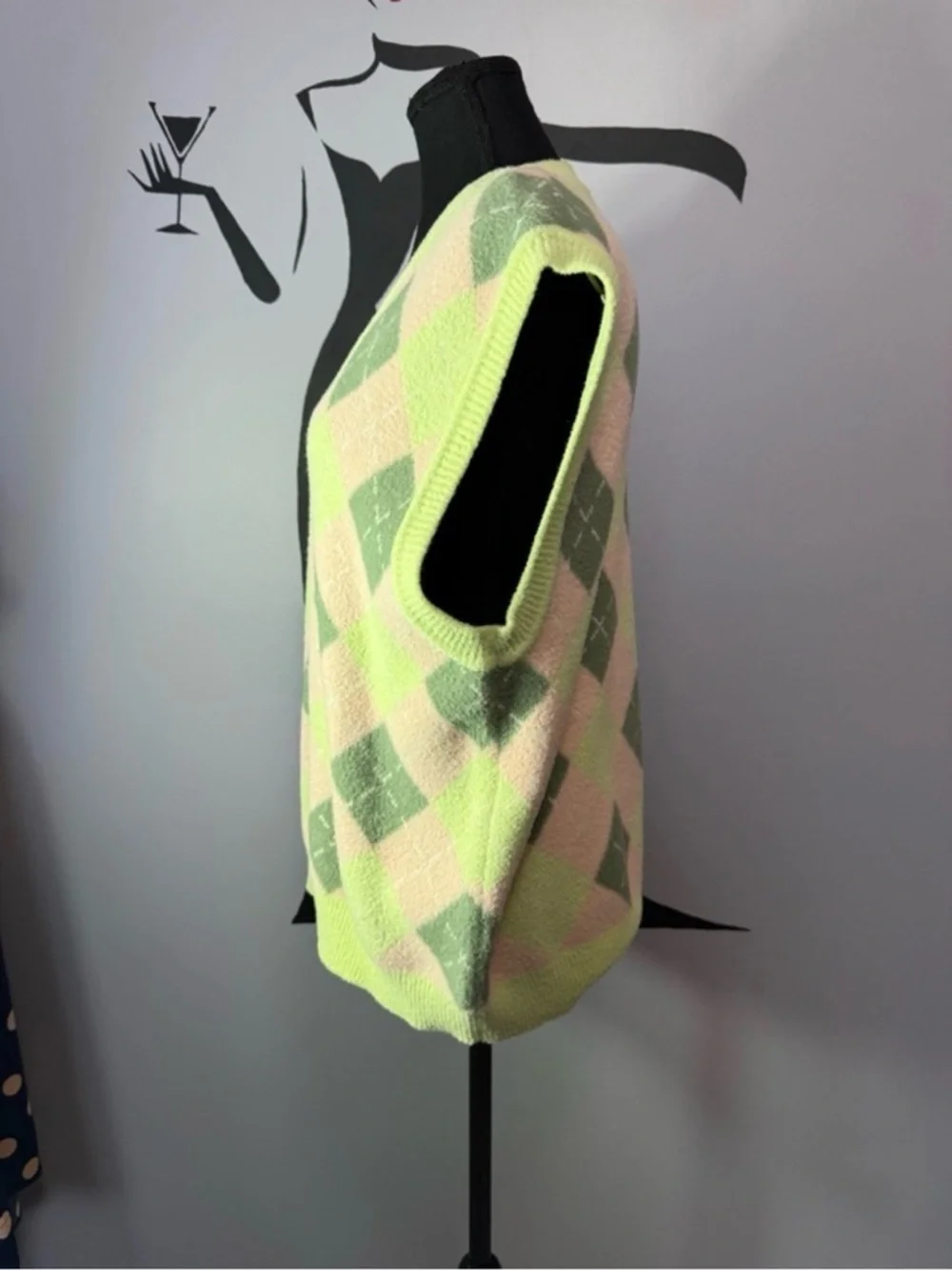 Zara Pastel Argyle Sweater Vest | Preppy V-Neck Knit Soft Girl Y2K - Picture 3 of 5